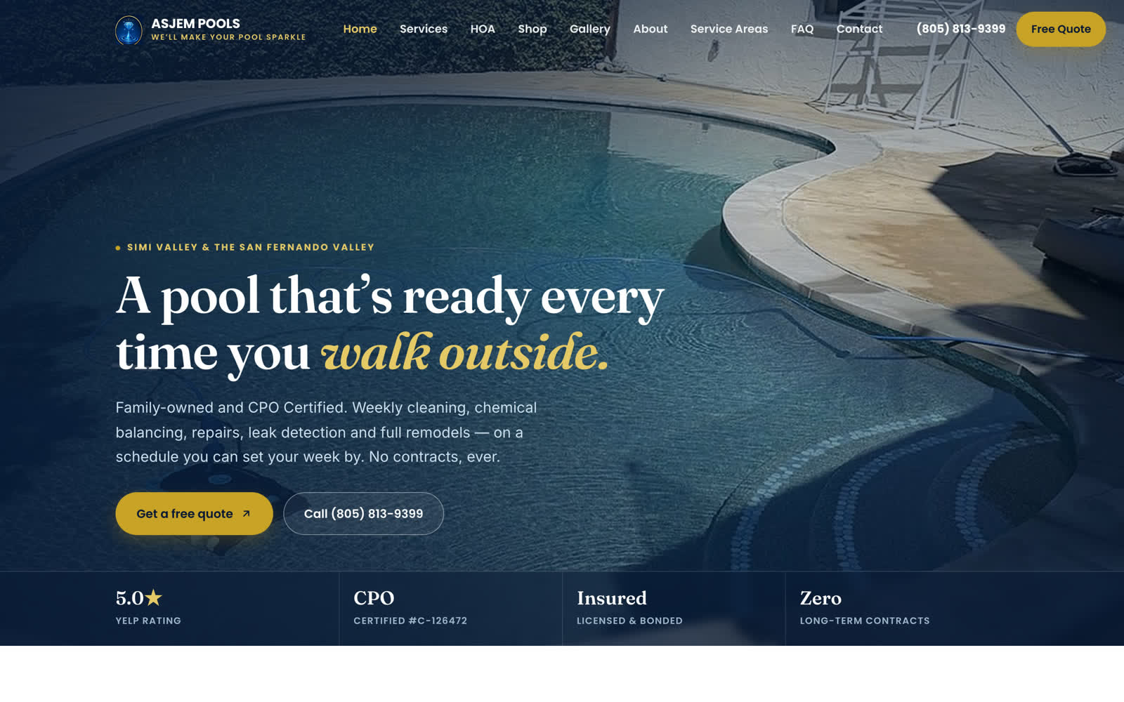 The ASJEM Pools homepage, showing a sunlit pool and the headline about a pool that is ready every time you walk outside