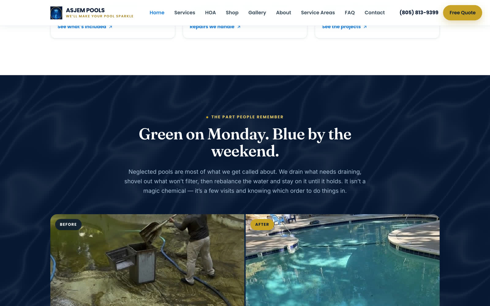 A before and after section titled Green on Monday, Blue by the weekend