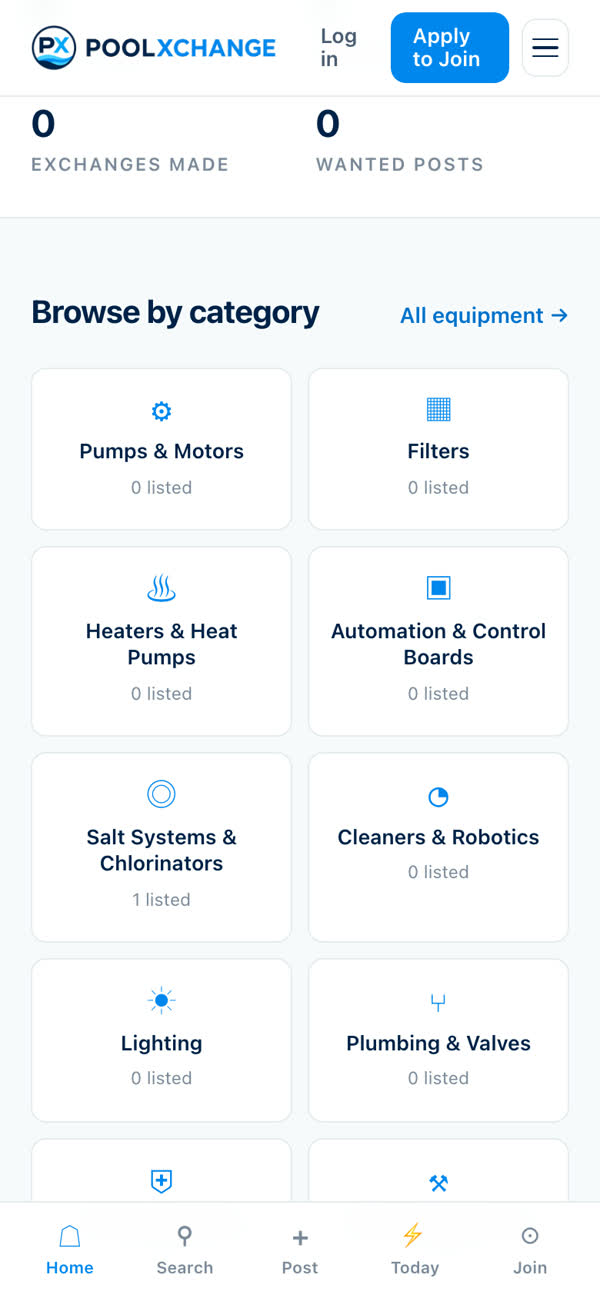 POOLXCHANGE on a phone, browsing categories