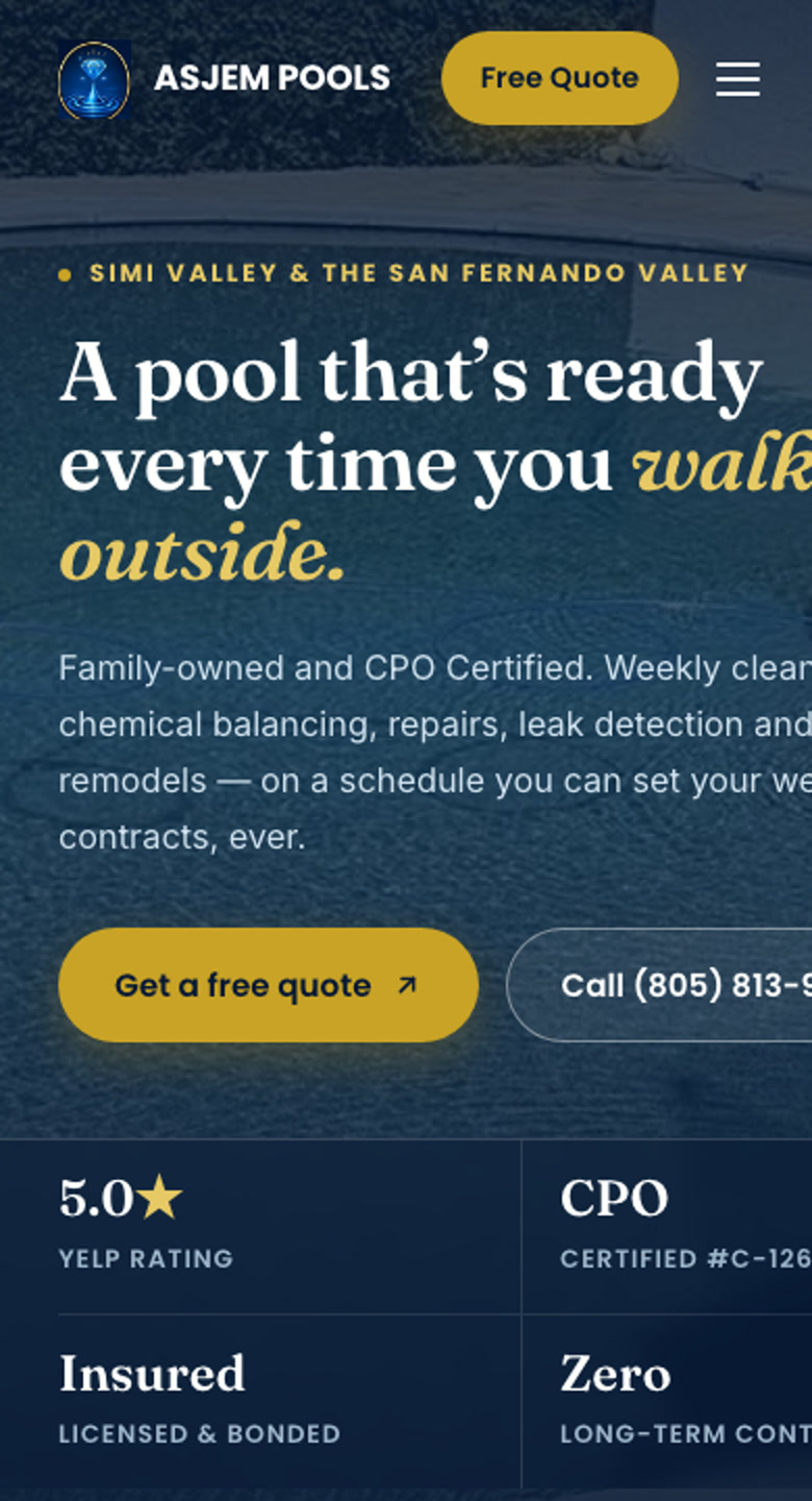 The ASJEM Pools website on a phone screen